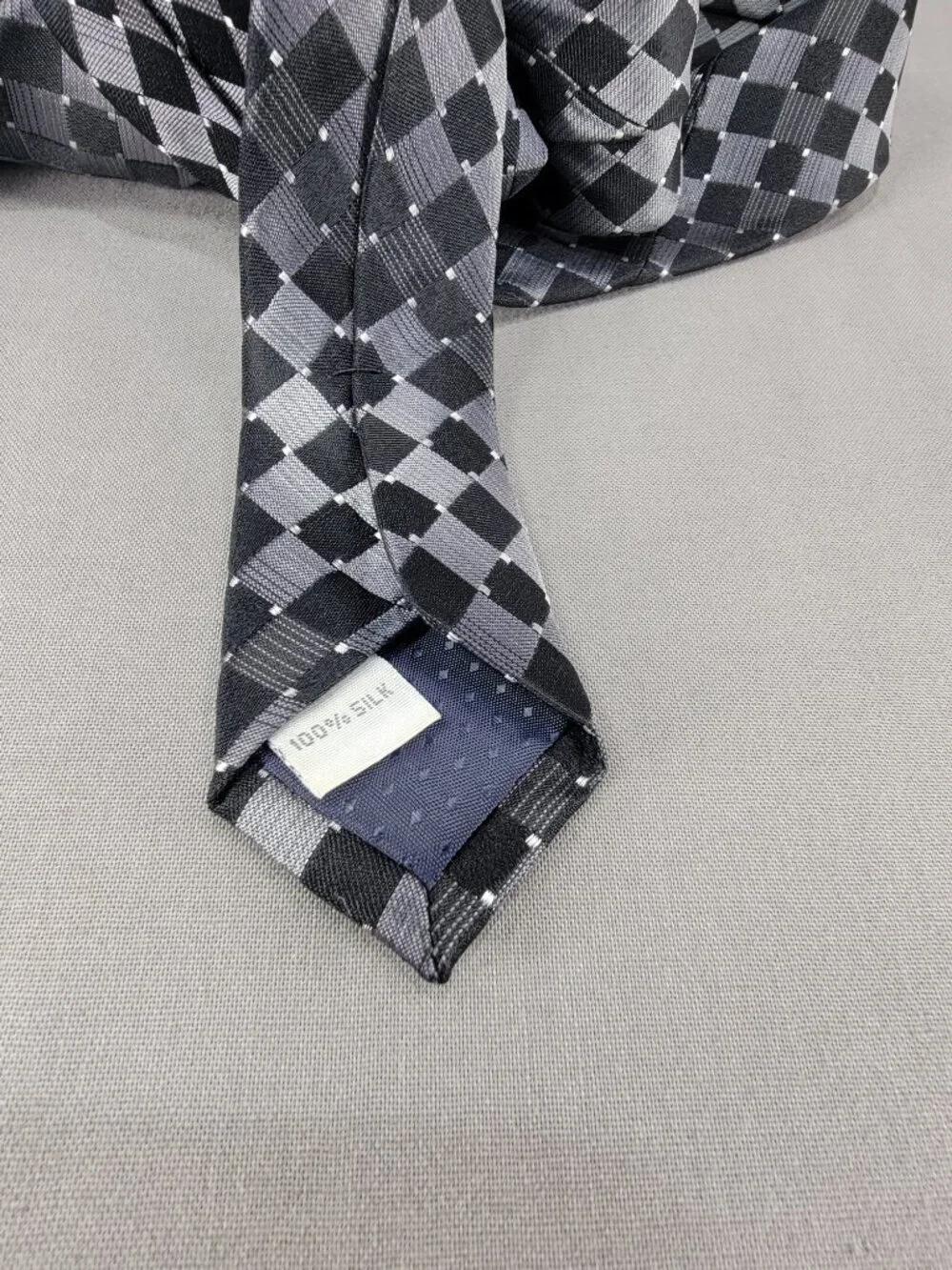 Pierre Cardin Silk Necktie Tie Mens Black Silver Geometric Square Diamond